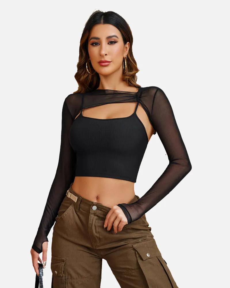 2 Pcs Sets Mesh Crop Top with Cami Top