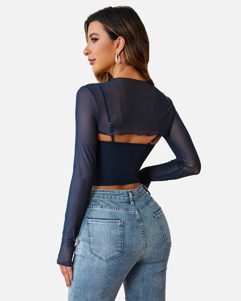 2 Pcs Sets Mesh Crop Top with Cami Top