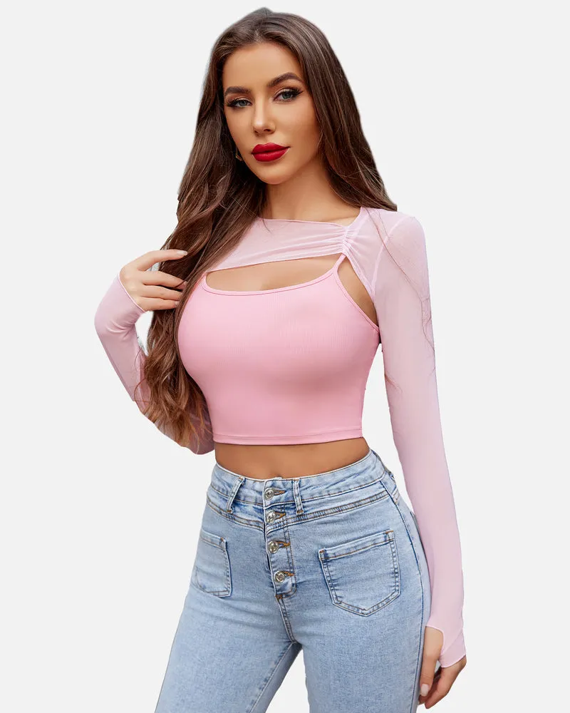 2 Pcs Sets Mesh Crop Top with Cami Top