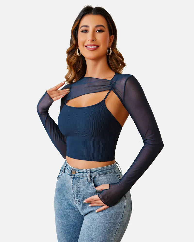 2 Pcs Sets Mesh Crop Top with Cami Top