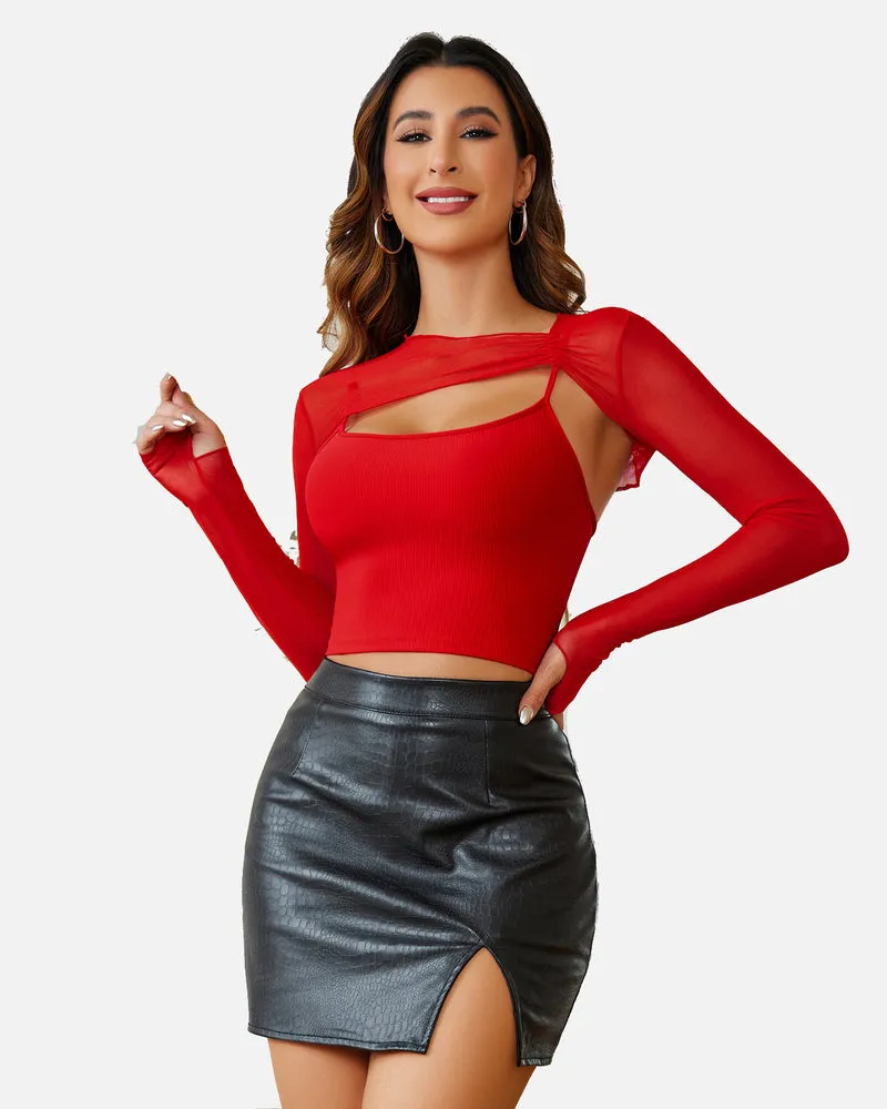 2 Pcs Sets Mesh Crop Top with Cami Top