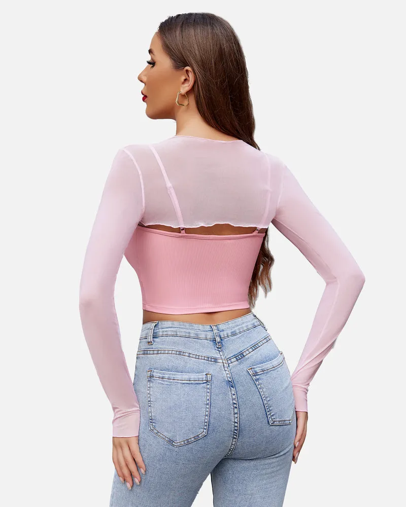 2 Pcs Sets Mesh Crop Top with Cami Top