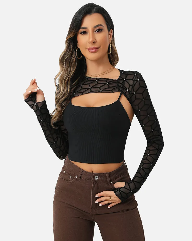 2 Pcs Sets Mesh Crop Top with Cami Top
