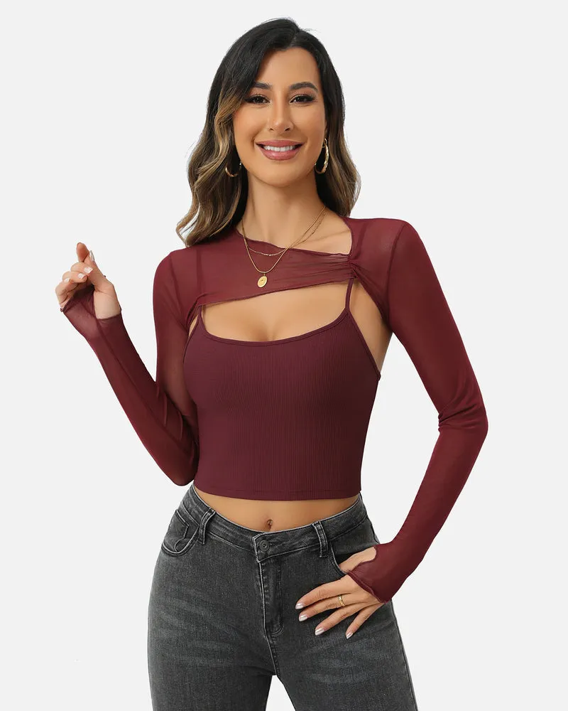 2 Pcs Sets Mesh Crop Top with Cami Top