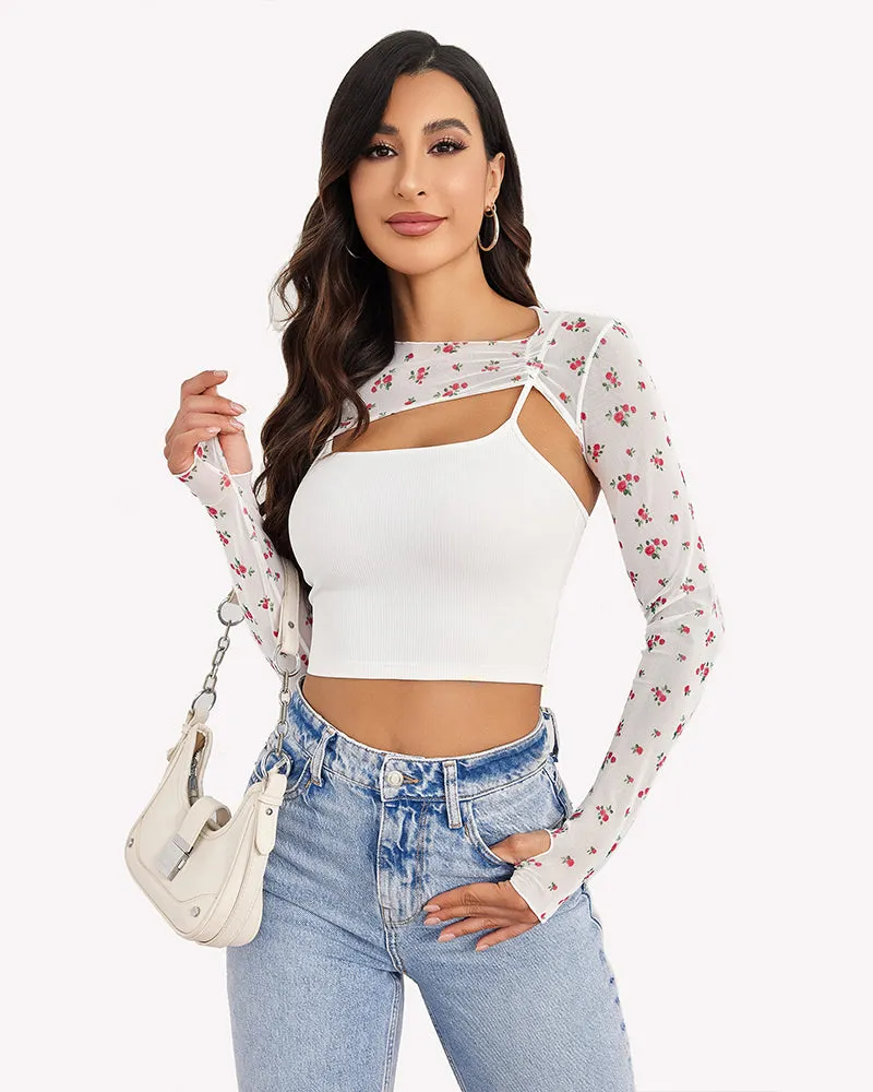 2 Pcs Sets Mesh Crop Top with Cami Top