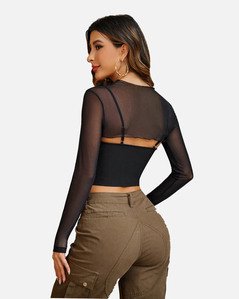 2 Pcs Sets Mesh Crop Top with Cami Top