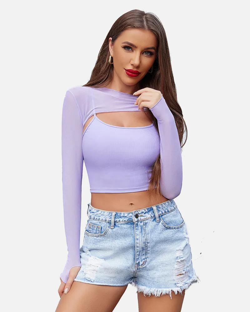 2 Pcs Sets Mesh Crop Top with Cami Top