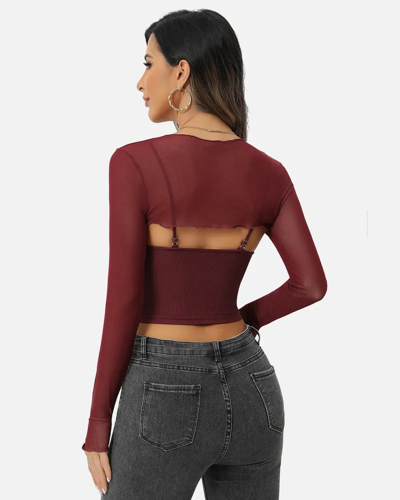 2 Pcs Sets Mesh Crop Top with Cami Top
