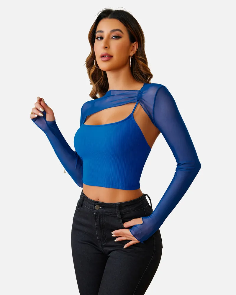 2 Pcs Sets Mesh Crop Top with Cami Top