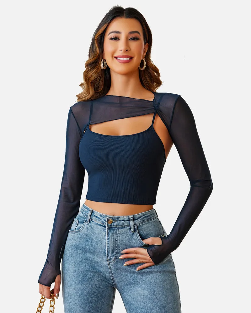 2 Pcs Sets Mesh Crop Top with Cami Top