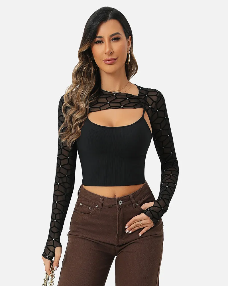 2 Pcs Sets Mesh Crop Top with Cami Top