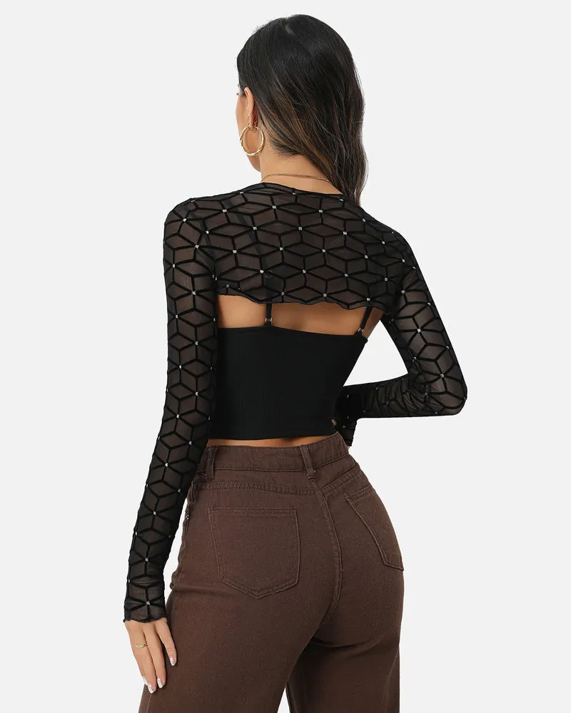 2 Pcs Sets Mesh Crop Top with Cami Top