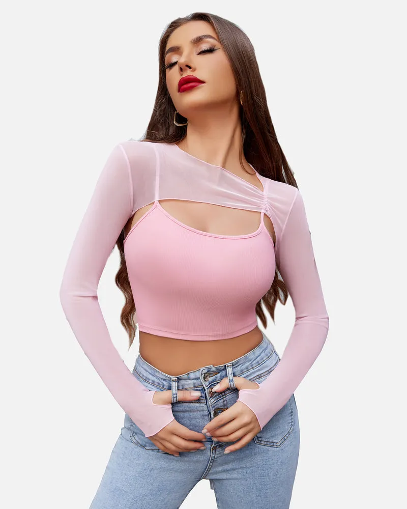 2 Pcs Sets Mesh Crop Top with Cami Top