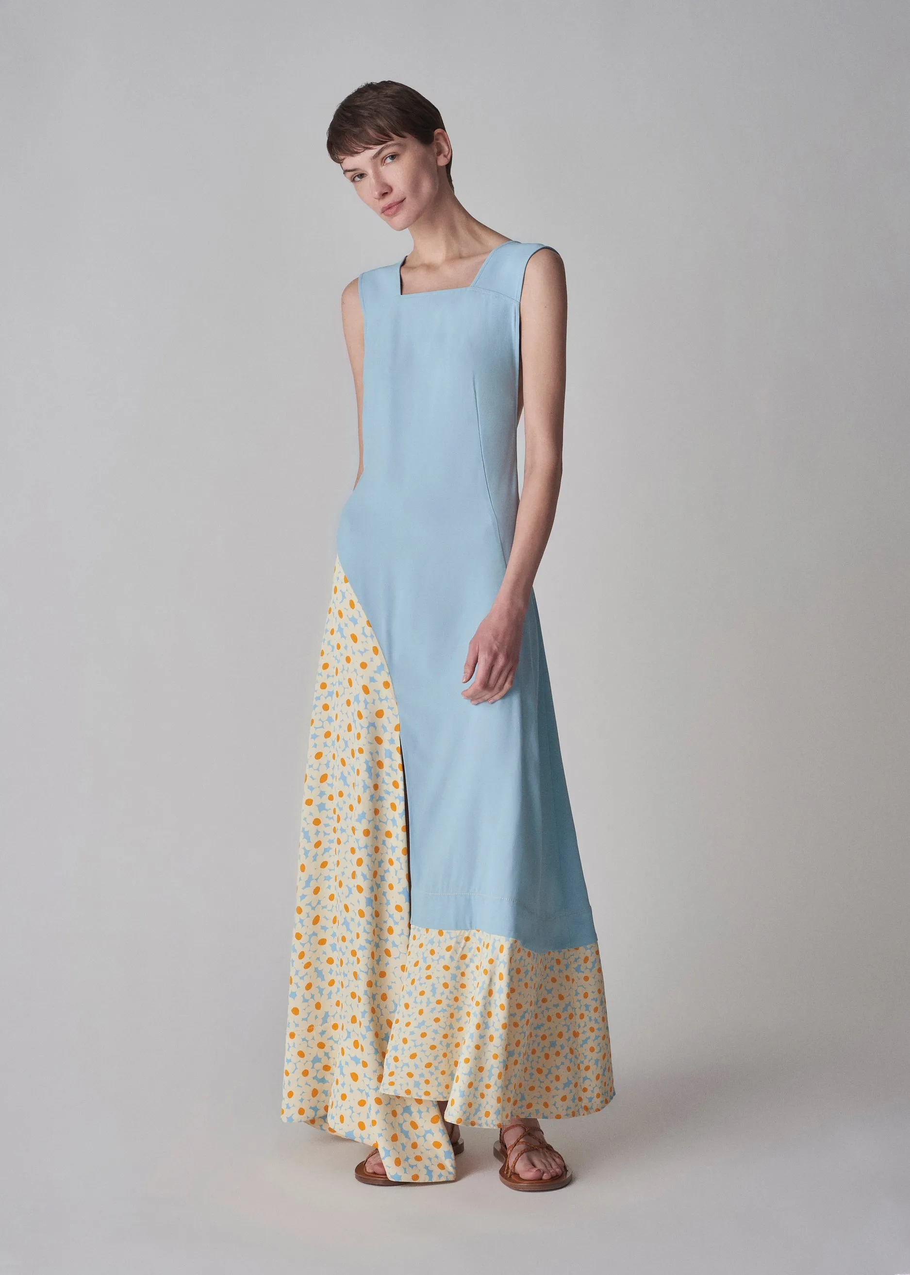 Apron Dress in Satin Viscose - Blue Multi