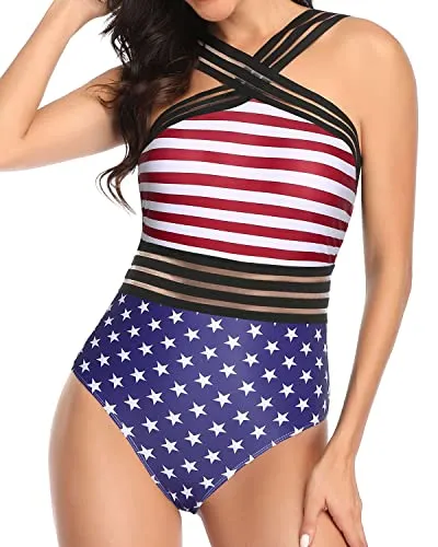 Bathing Suit Front Crossover Swimwear Crisscross One Piece Swimsuit-National Flag