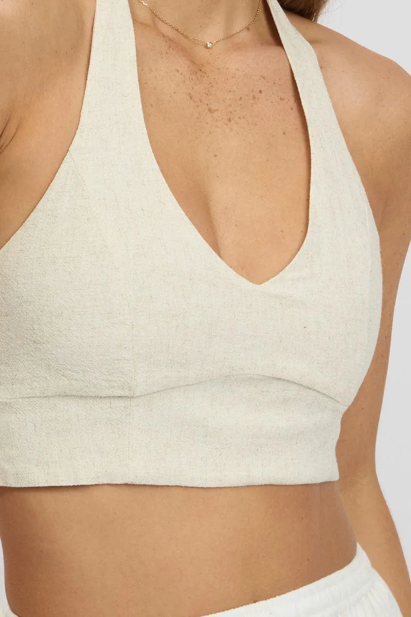 Beige Halter Crop Top Sleeveless Linen Blend