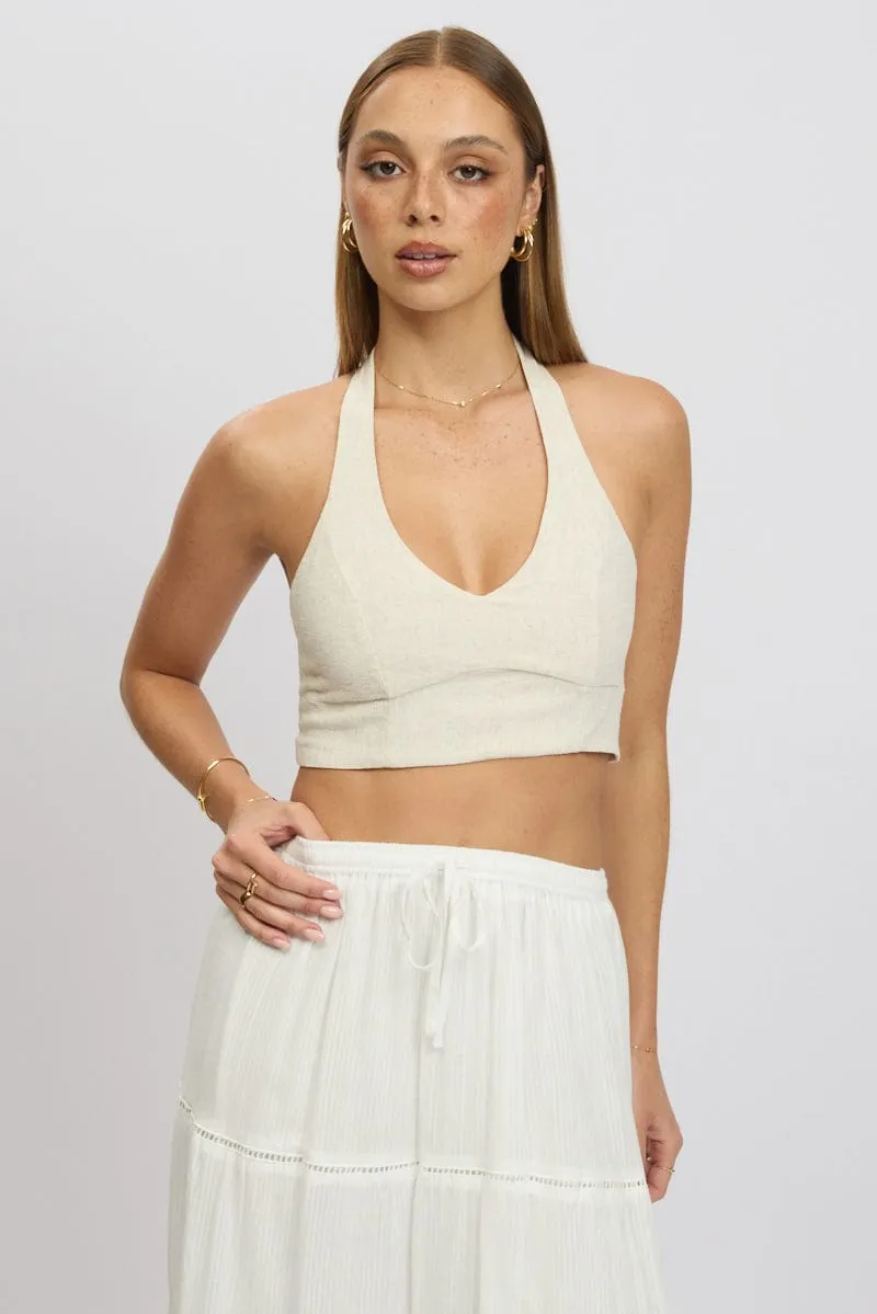 Beige Halter Crop Top Sleeveless Linen Blend