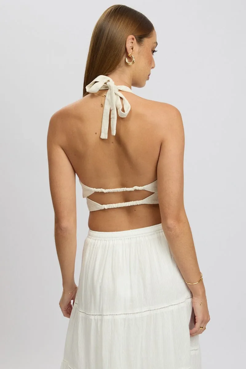 Beige Halter Crop Top Sleeveless Linen Blend