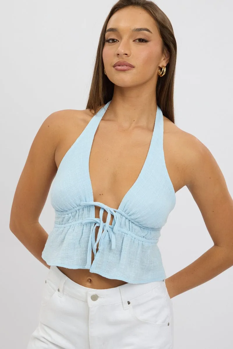 Blue Tie Front Halter Top Sleeveless