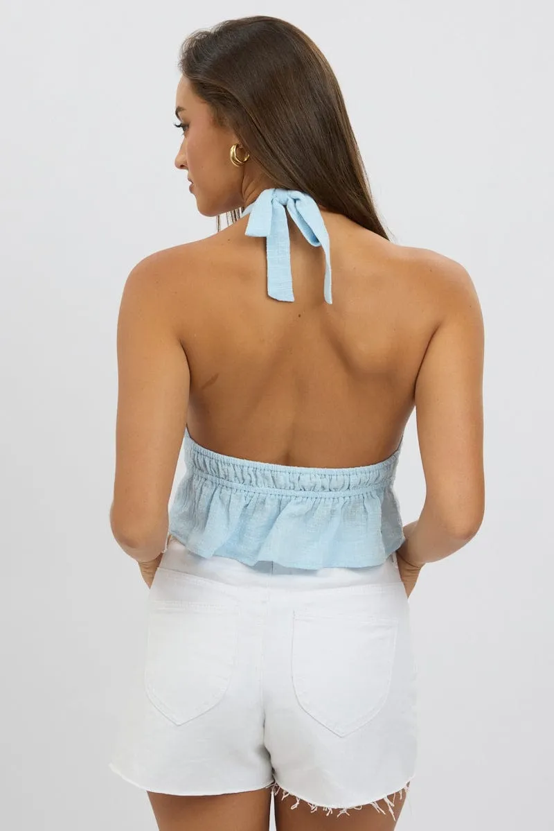 Blue Tie Front Halter Top Sleeveless