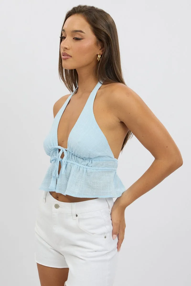 Blue Tie Front Halter Top Sleeveless