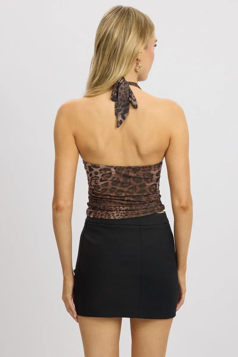 Brown Animal Print Halter Neck Top Supersoft