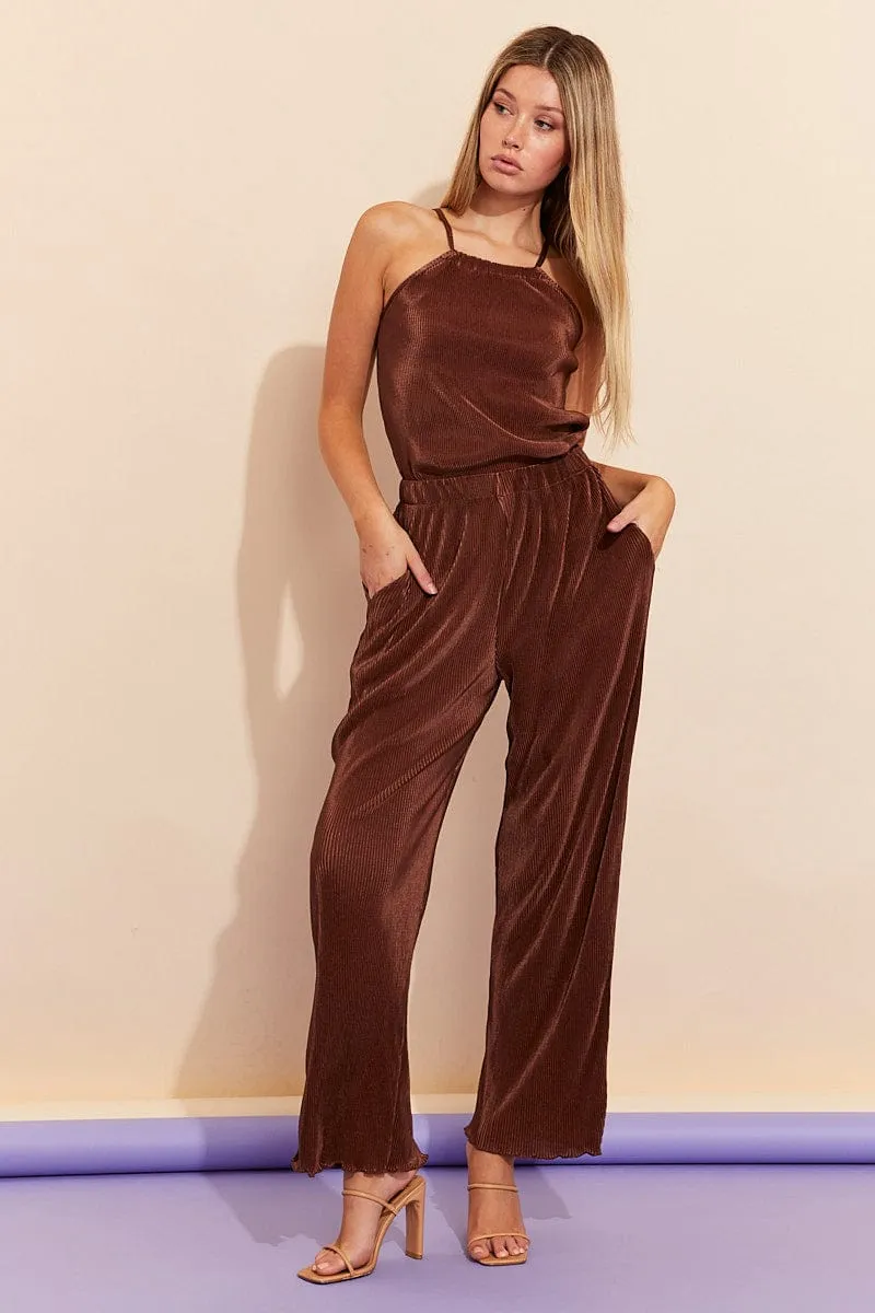 Brown Halter Plisse Top