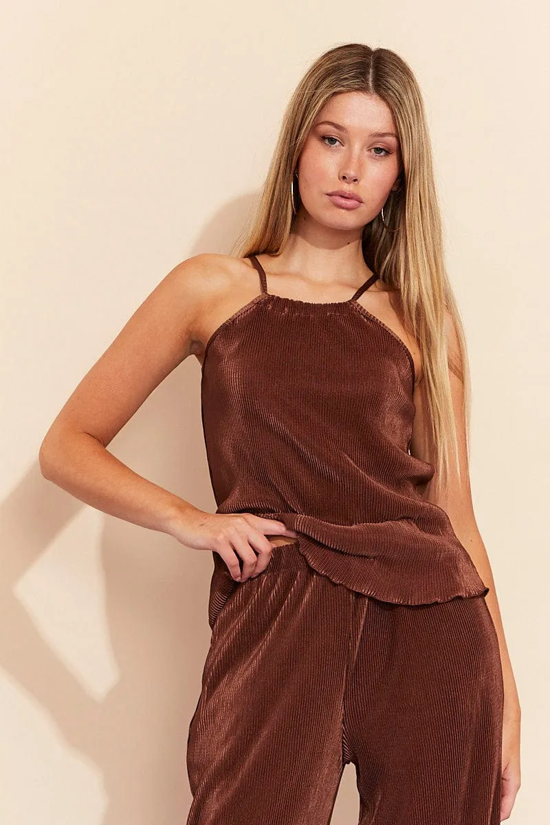 Brown Halter Plisse Top