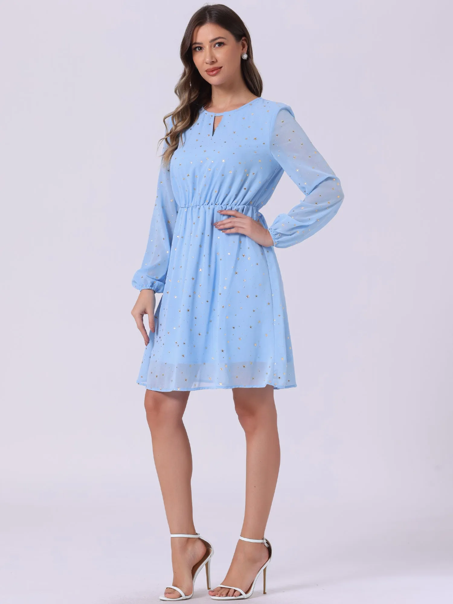 Choker V Neck Flared Gilding Metallic Shiny Star A-Line Dress