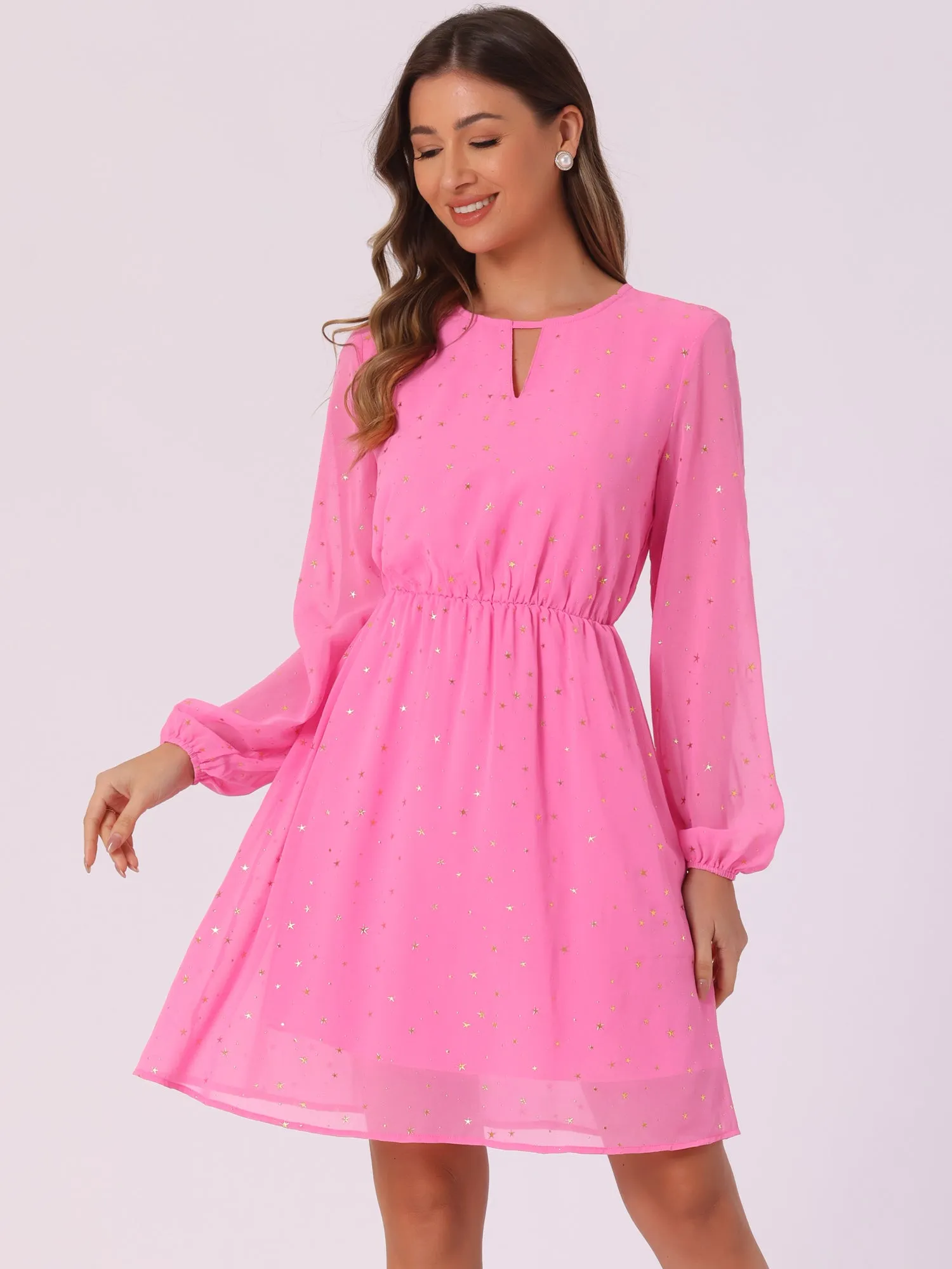 Choker V Neck Flared Gilding Metallic Shiny Star A-Line Dress