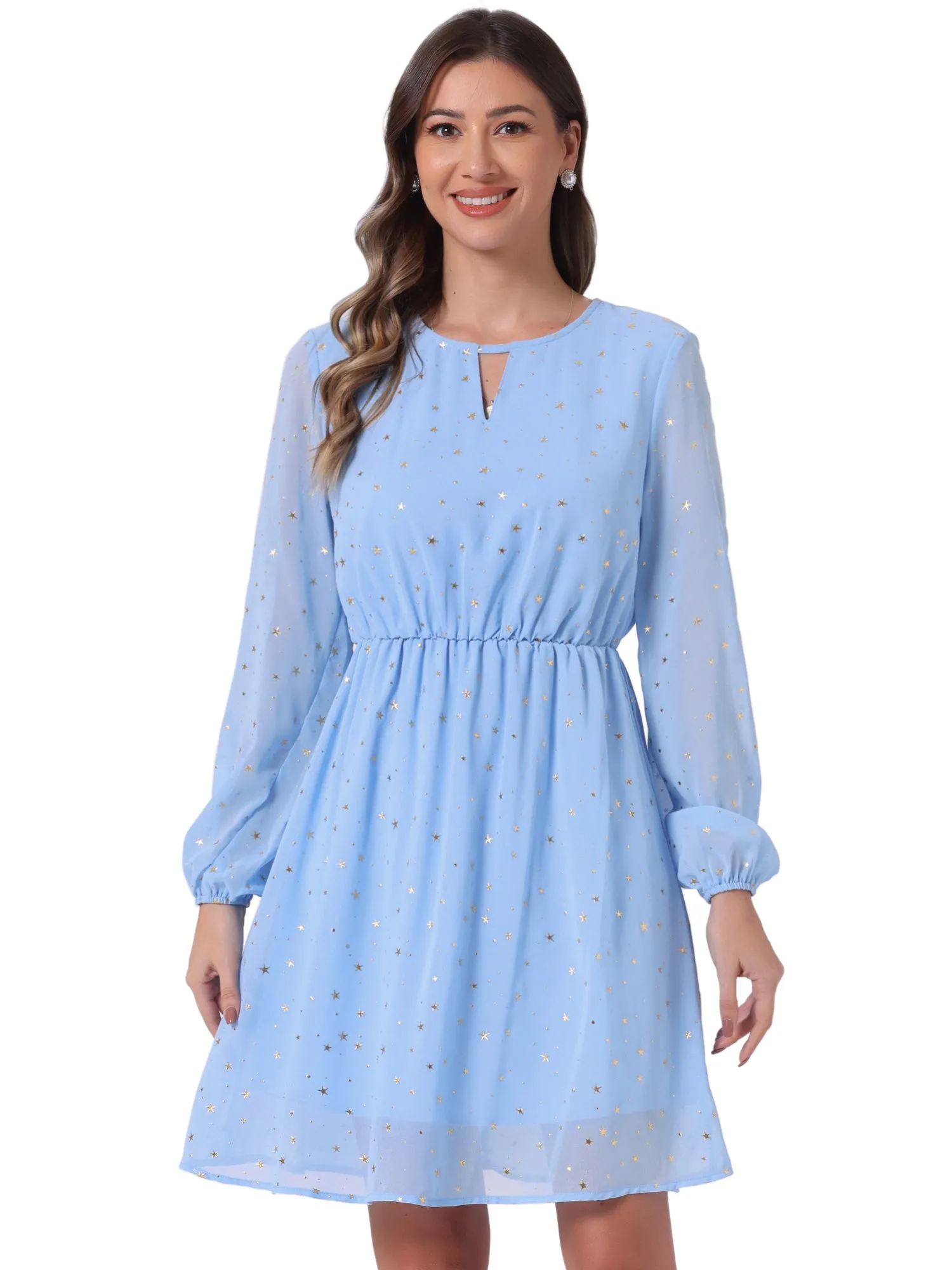 Choker V Neck Flared Gilding Metallic Shiny Star A-Line Dress