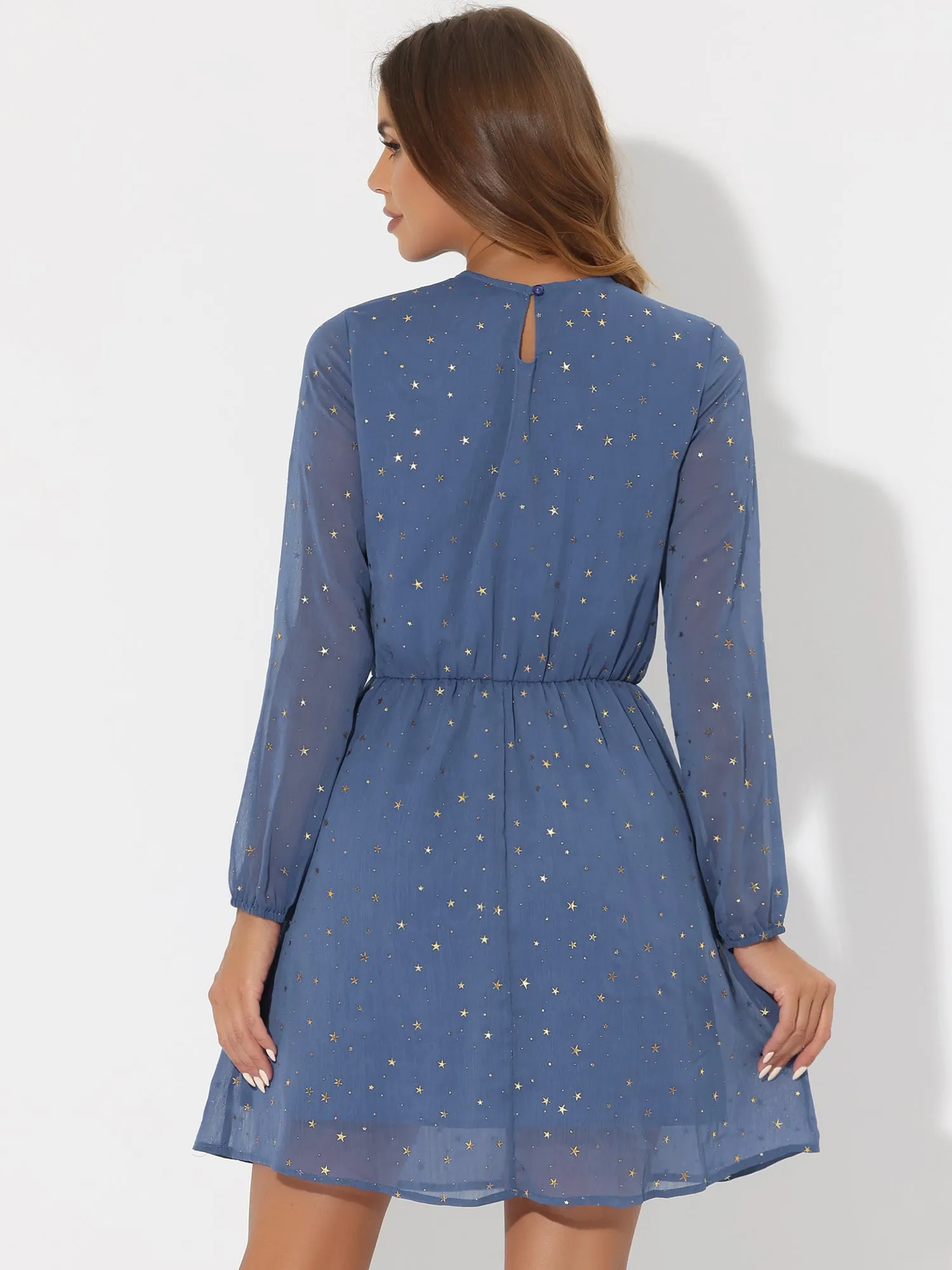 Choker V Neck Flared Gilding Metallic Shiny Star A-Line Dress