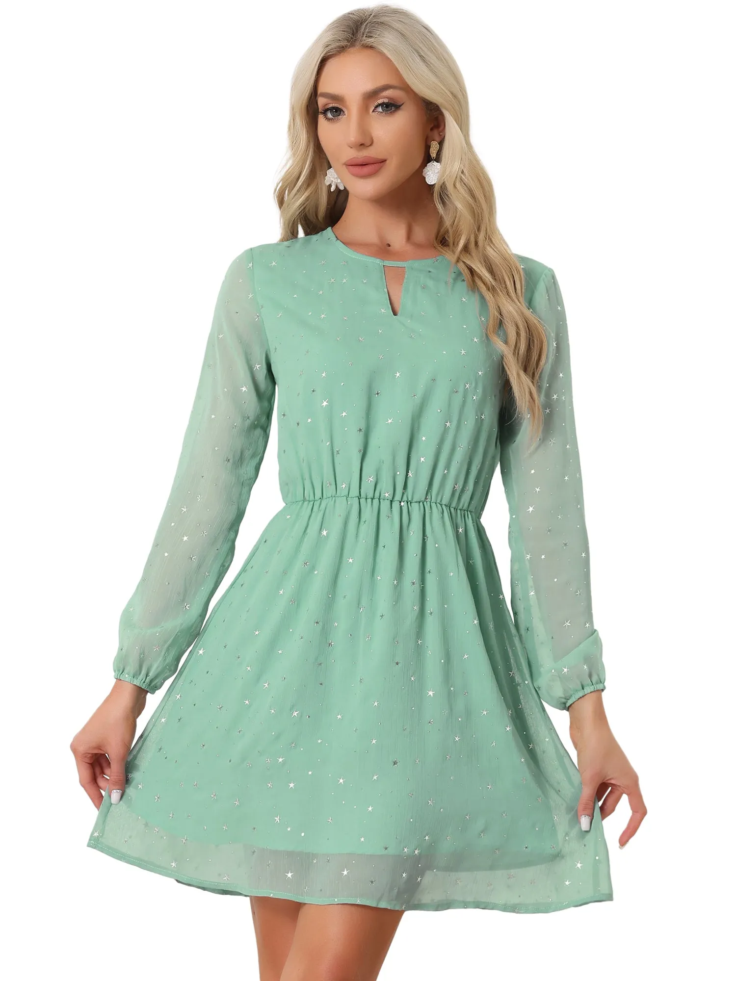Choker V Neck Flared Gilding Metallic Shiny Star A-Line Dress