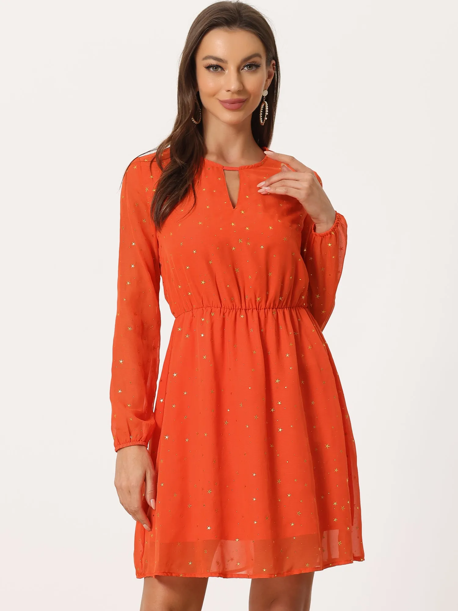 Choker V Neck Flared Gilding Metallic Shiny Star A-Line Dress