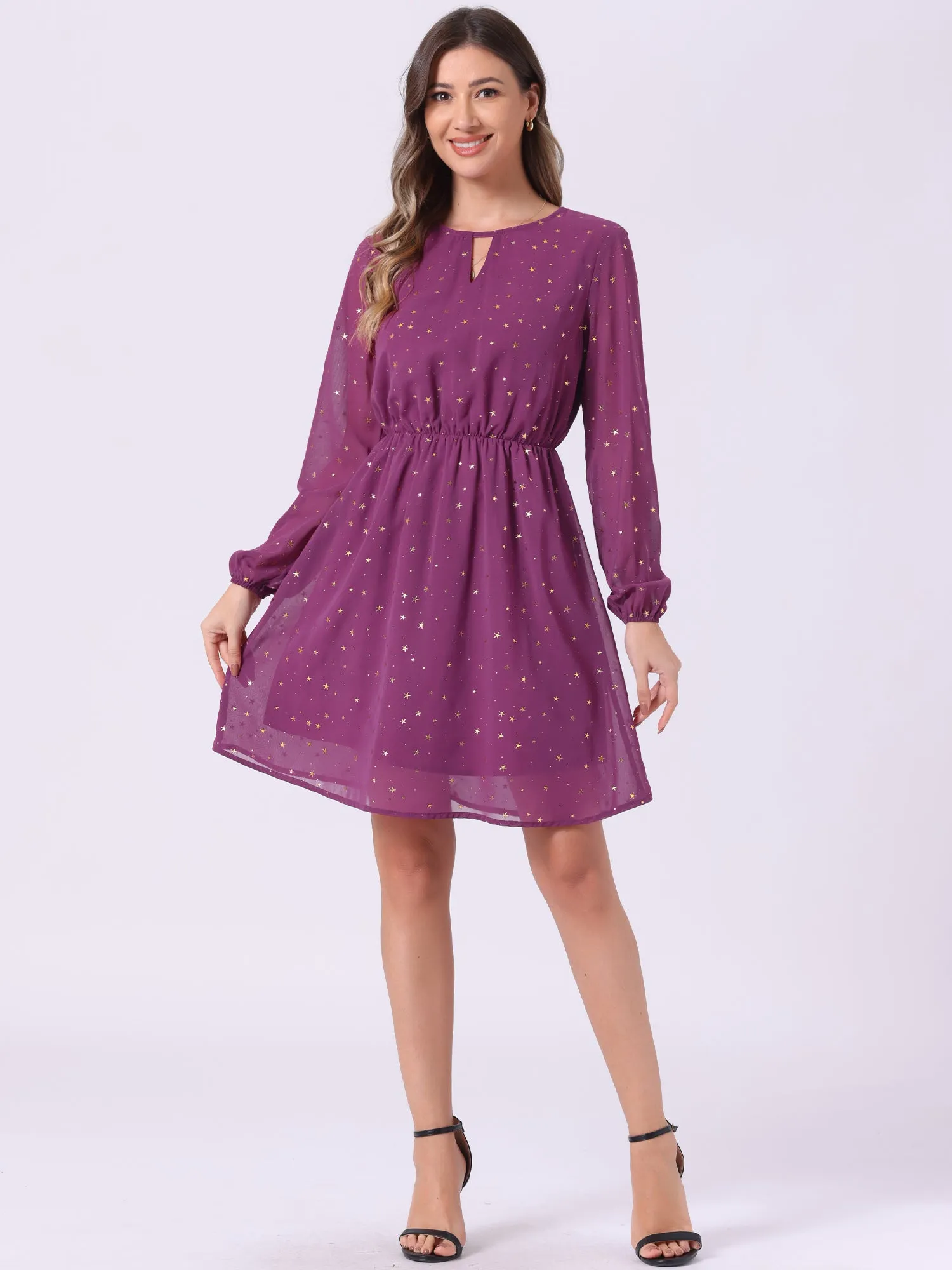 Choker V Neck Flared Gilding Metallic Shiny Star A-Line Dress