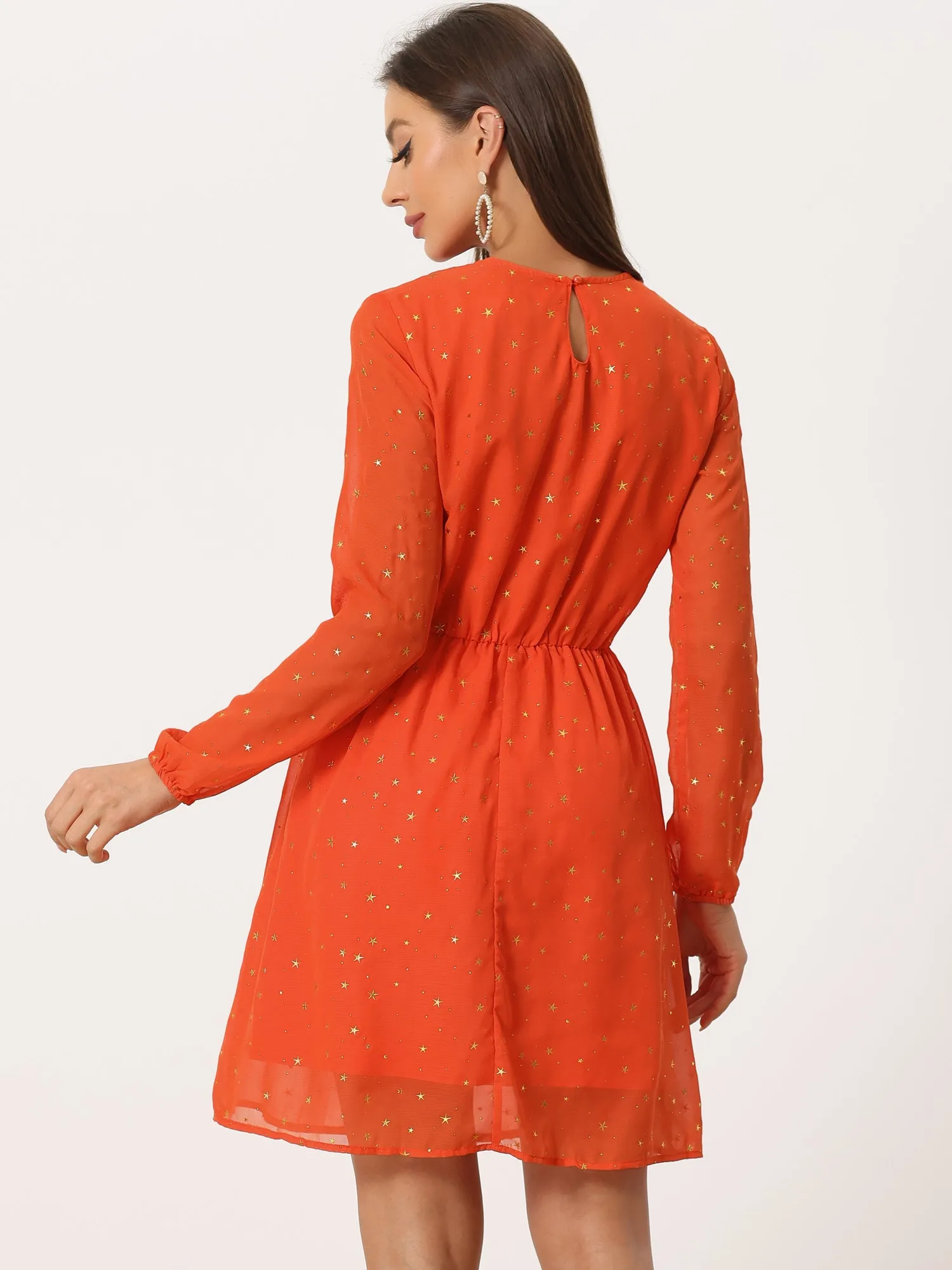 Choker V Neck Flared Gilding Metallic Shiny Star A-Line Dress