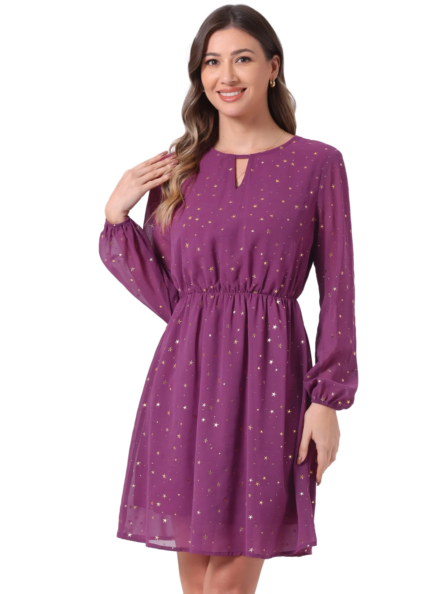 Choker V Neck Flared Gilding Metallic Shiny Star A-Line Dress