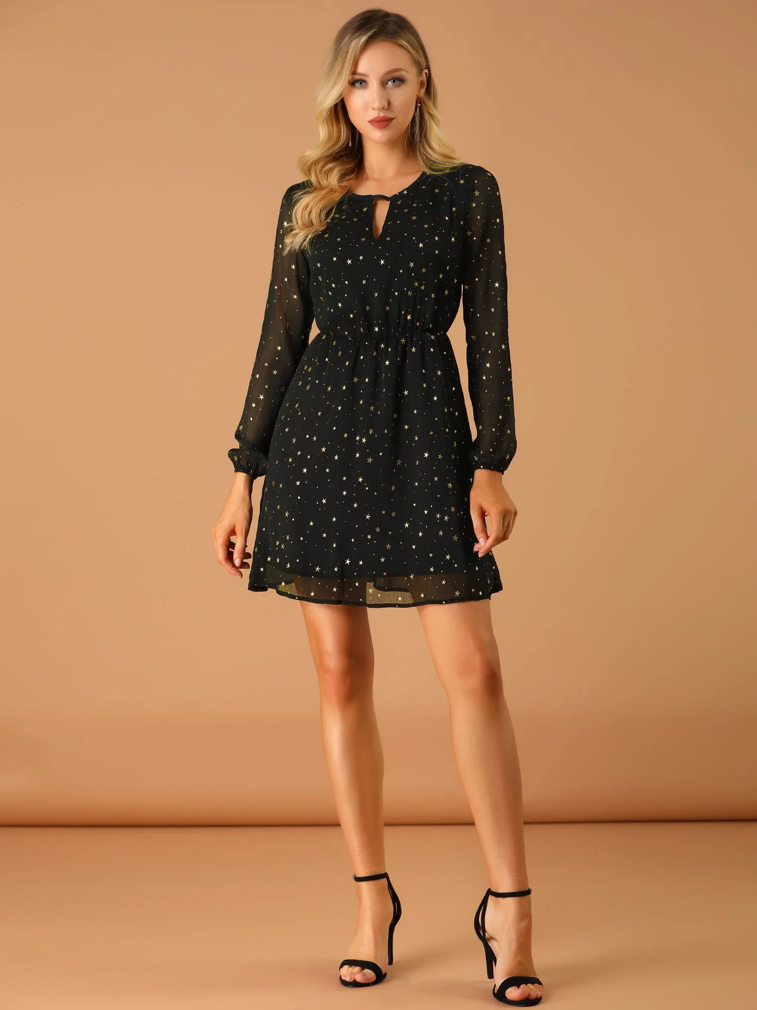 Choker V Neck Flared Gilding Metallic Shiny Star A-Line Dress