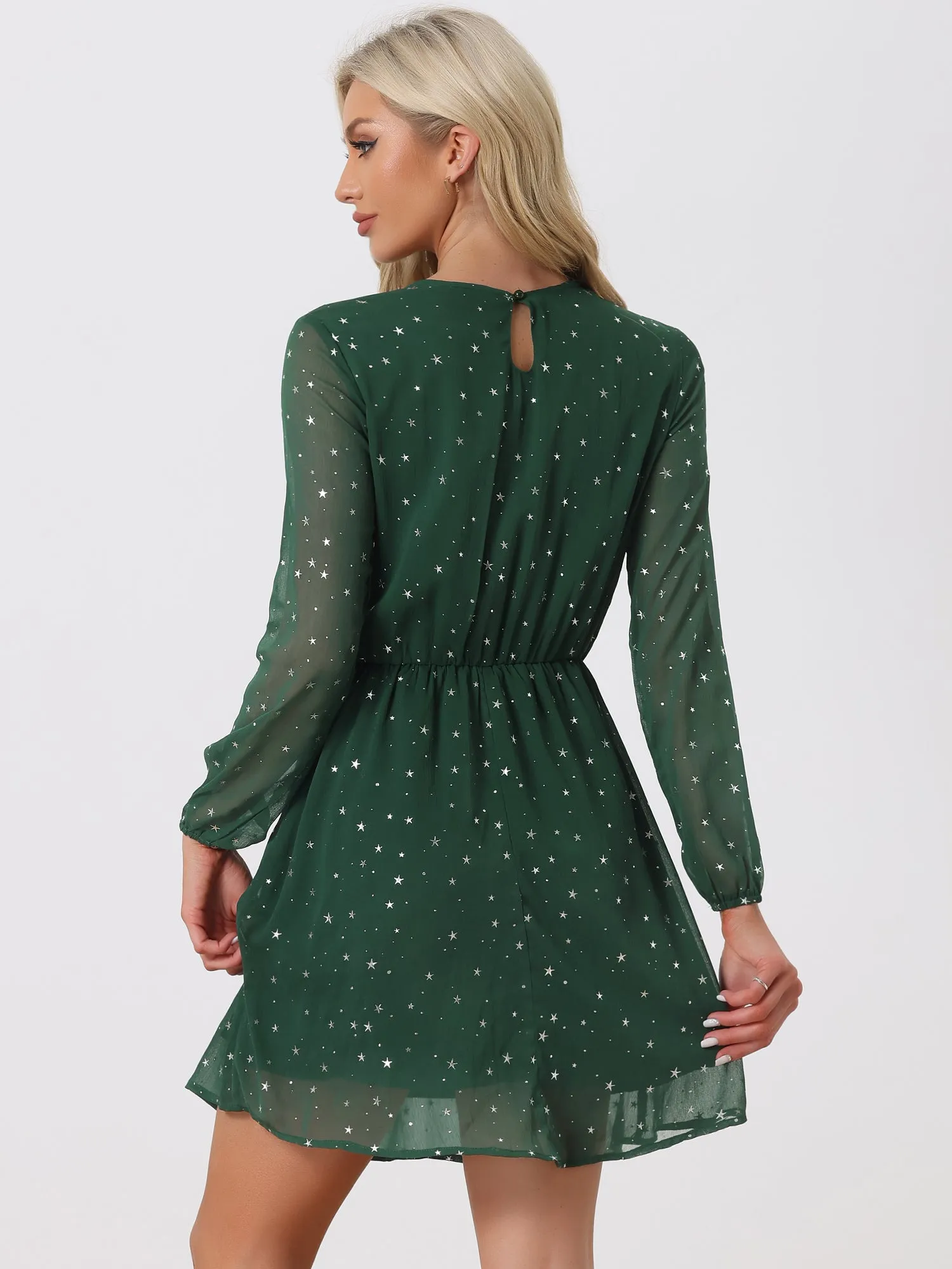 Choker V Neck Flared Gilding Metallic Shiny Star A-Line Dress