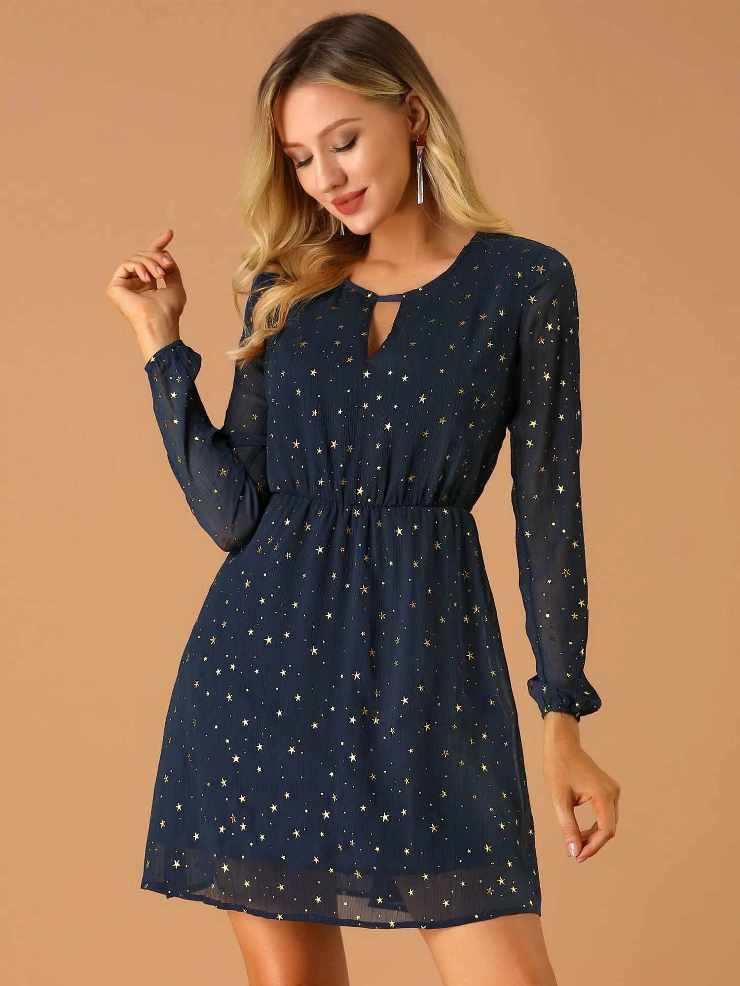 Choker V Neck Flared Gilding Metallic Shiny Star A-Line Dress