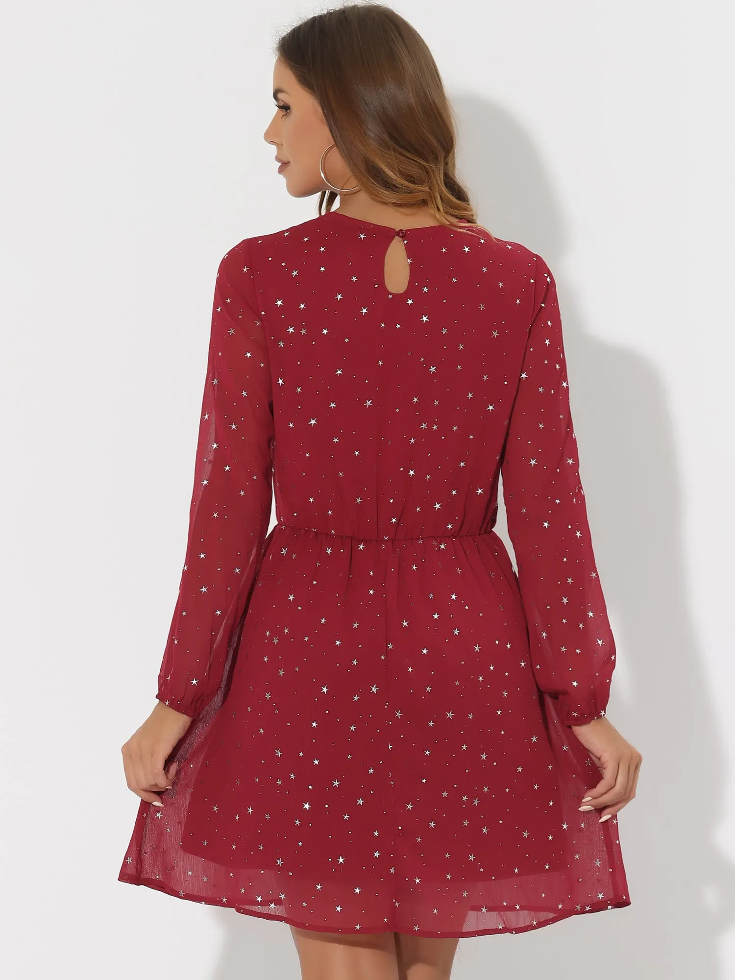 Choker V Neck Flared Gilding Metallic Shiny Star A-Line Dress