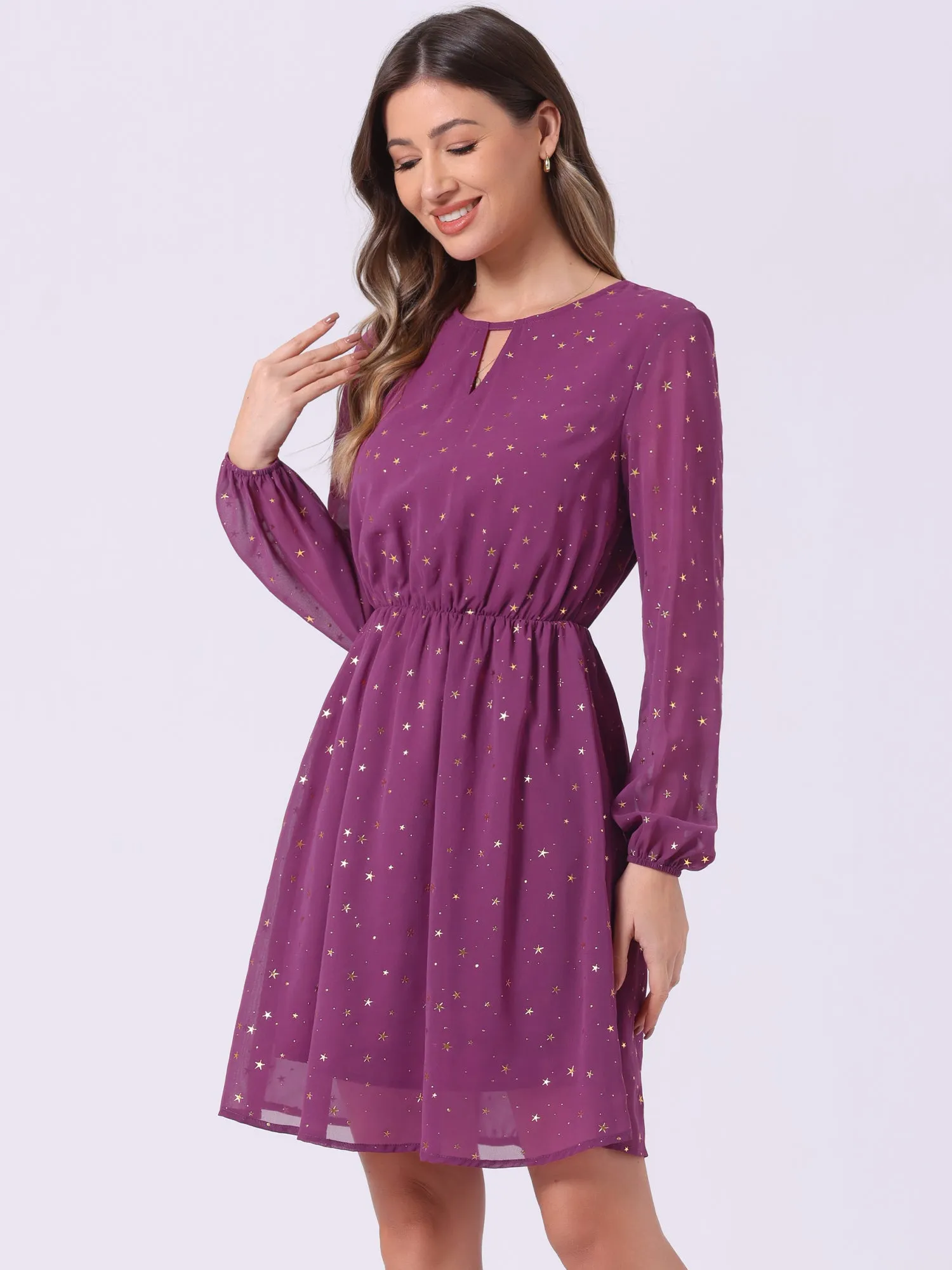 Choker V Neck Flared Gilding Metallic Shiny Star A-Line Dress
