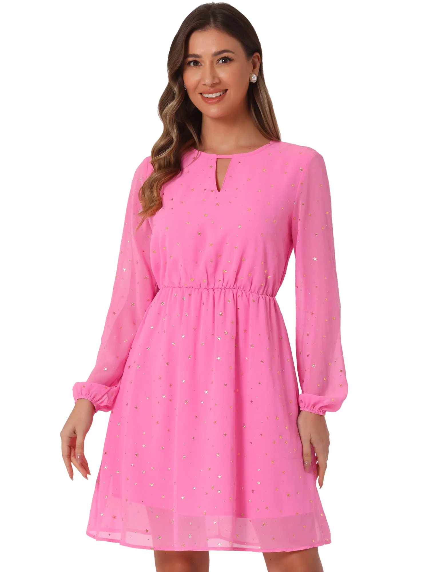 Choker V Neck Flared Gilding Metallic Shiny Star A-Line Dress