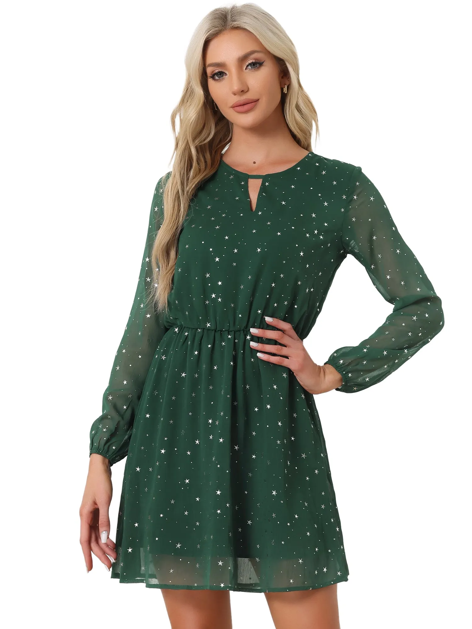 Choker V Neck Flared Gilding Metallic Shiny Star A-Line Dress