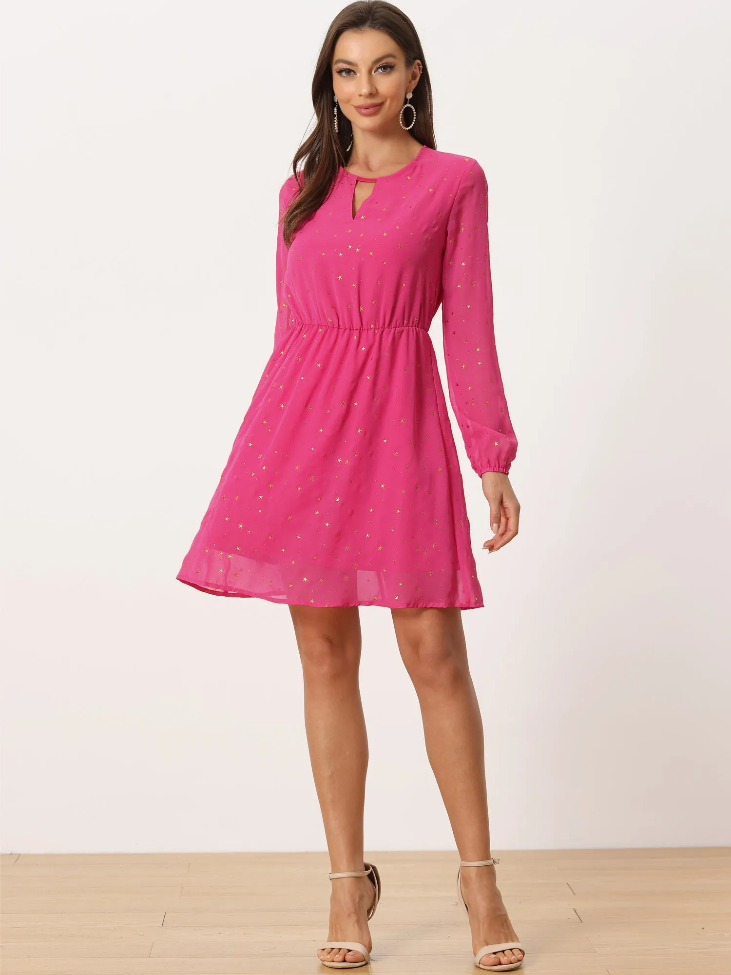 Choker V Neck Flared Gilding Metallic Shiny Star A-Line Dress