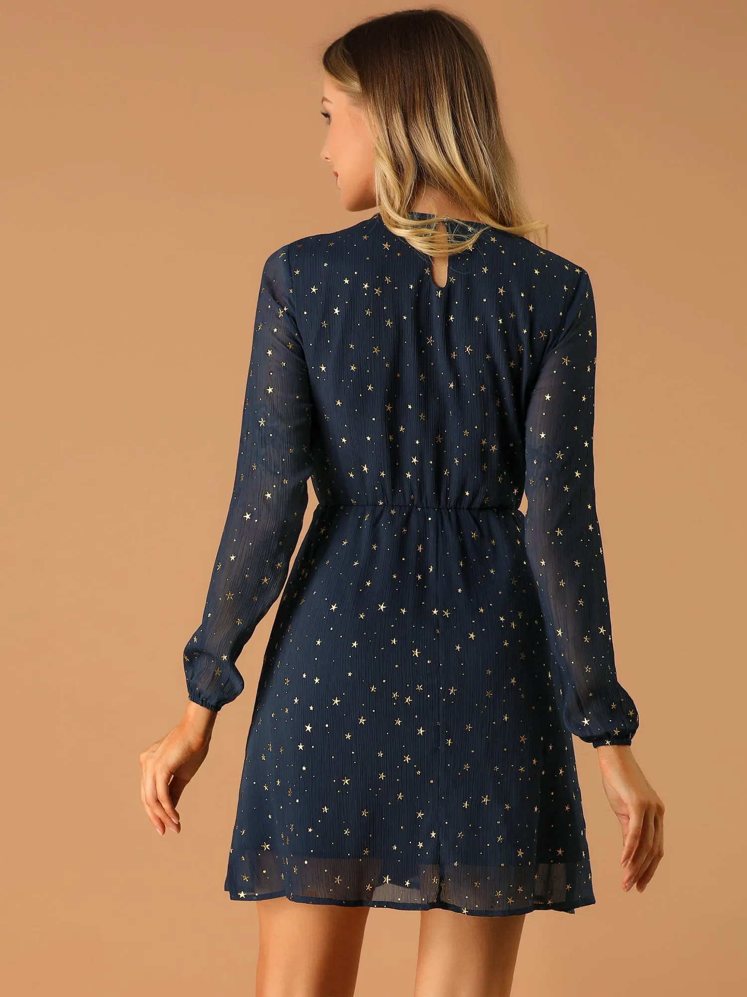 Choker V Neck Flared Gilding Metallic Shiny Star A-Line Dress