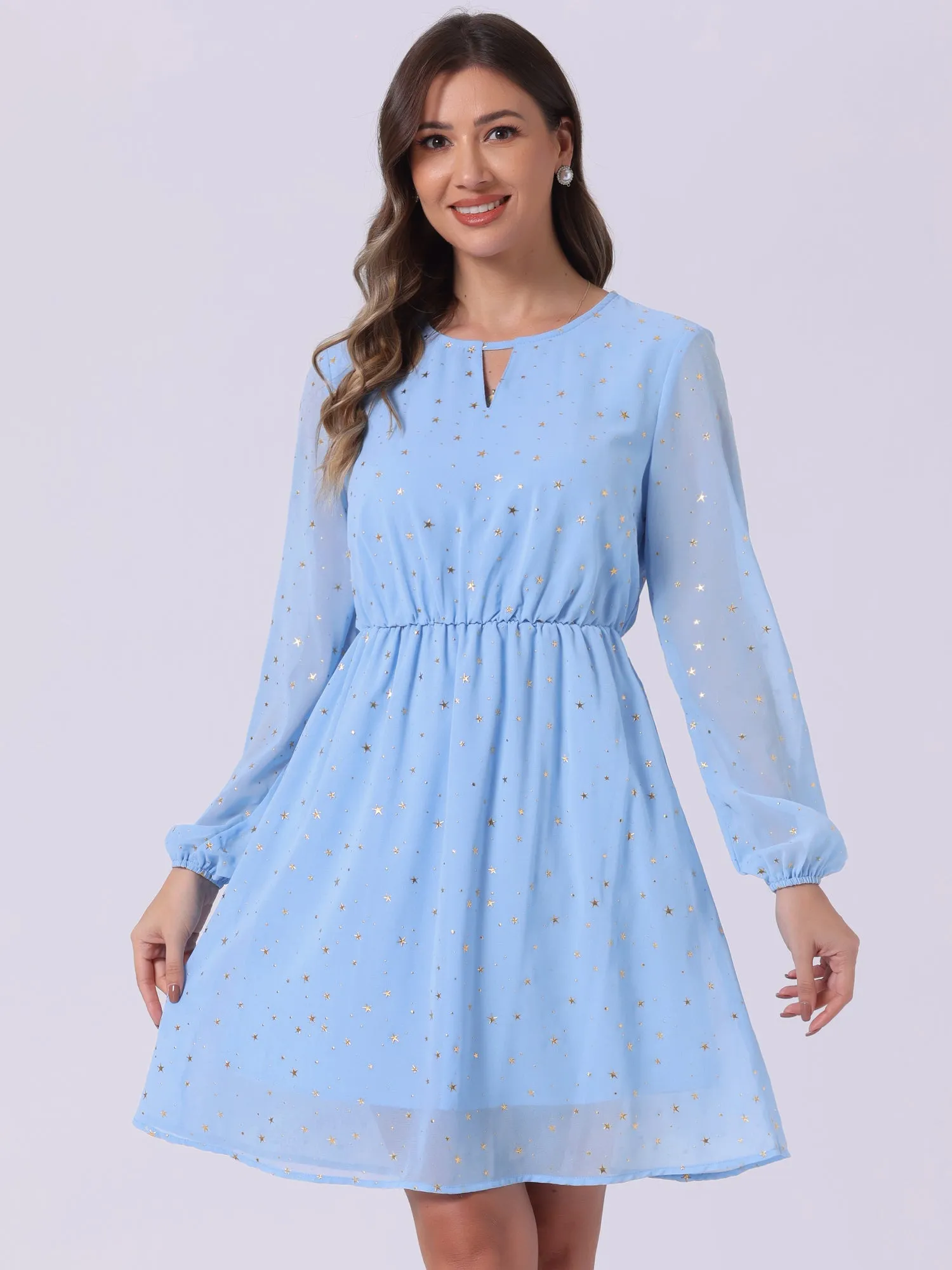 Choker V Neck Flared Gilding Metallic Shiny Star A-Line Dress