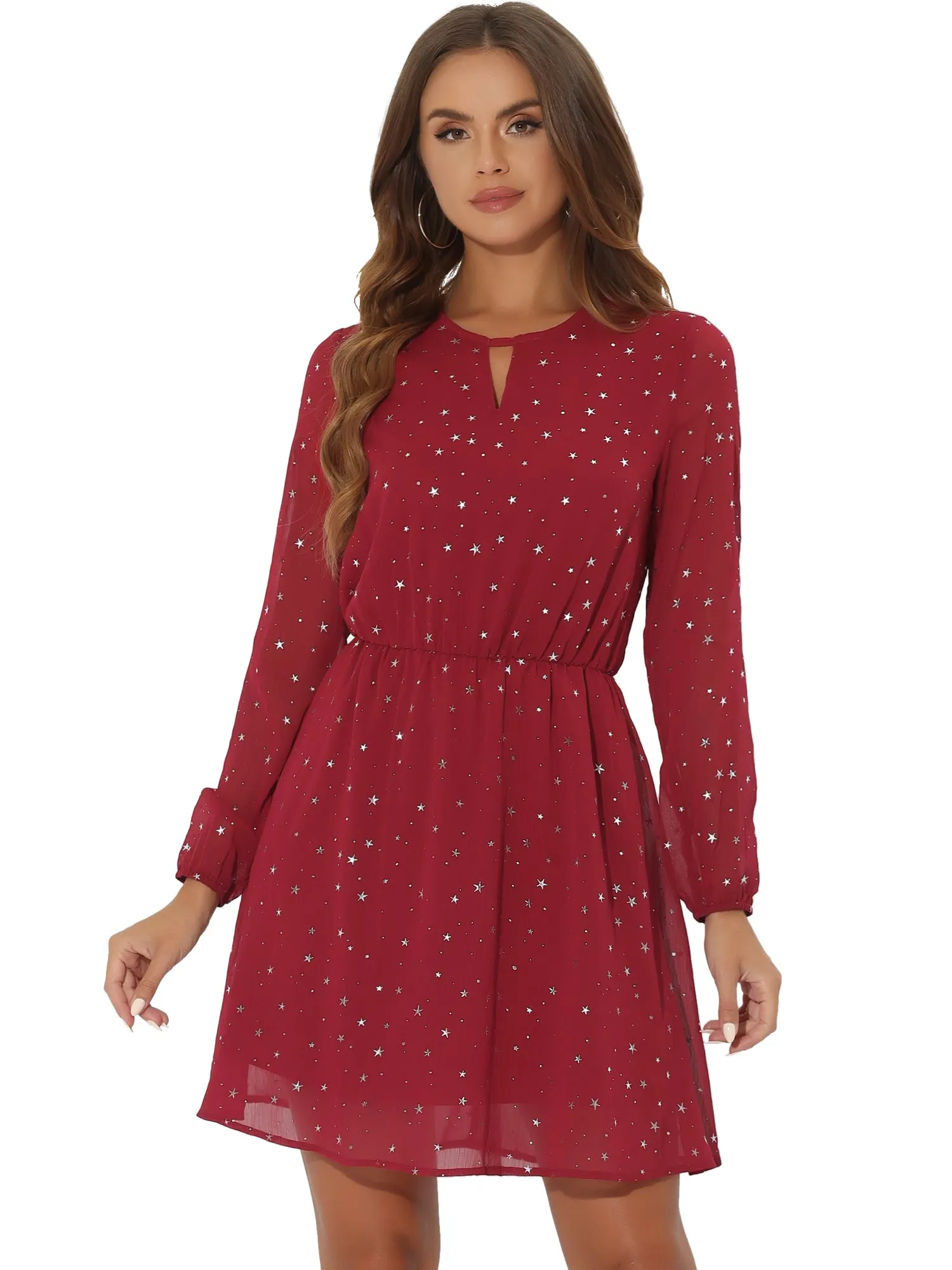 Choker V Neck Flared Gilding Metallic Shiny Star A-Line Dress