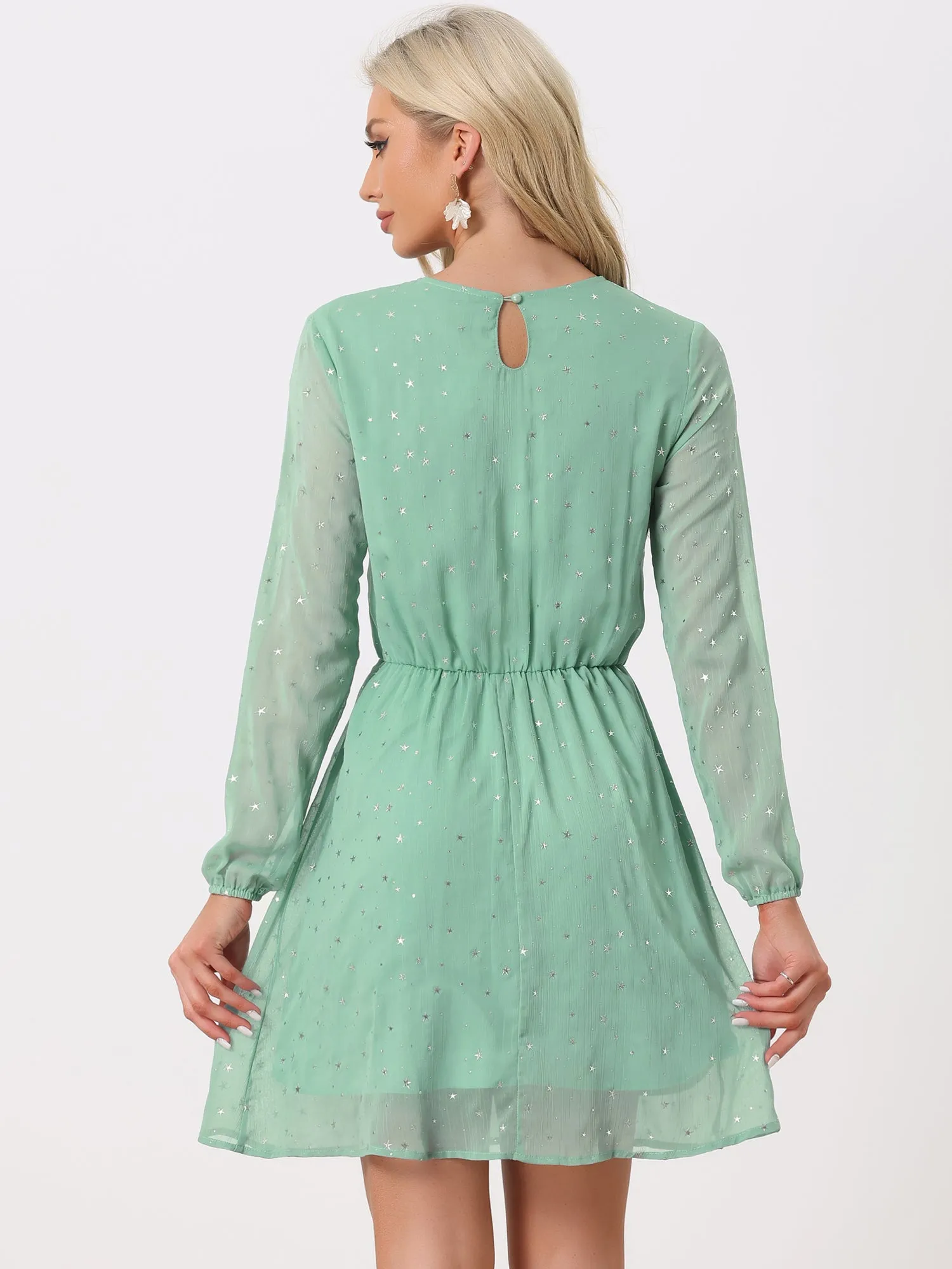 Choker V Neck Flared Gilding Metallic Shiny Star A-Line Dress