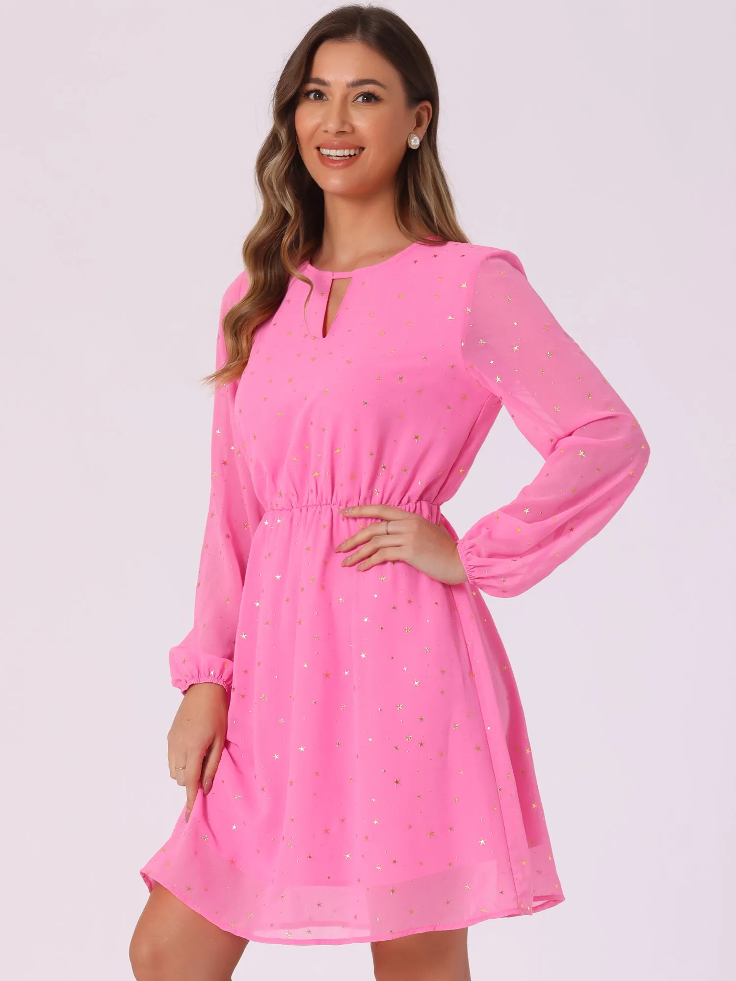 Choker V Neck Flared Gilding Metallic Shiny Star A-Line Dress